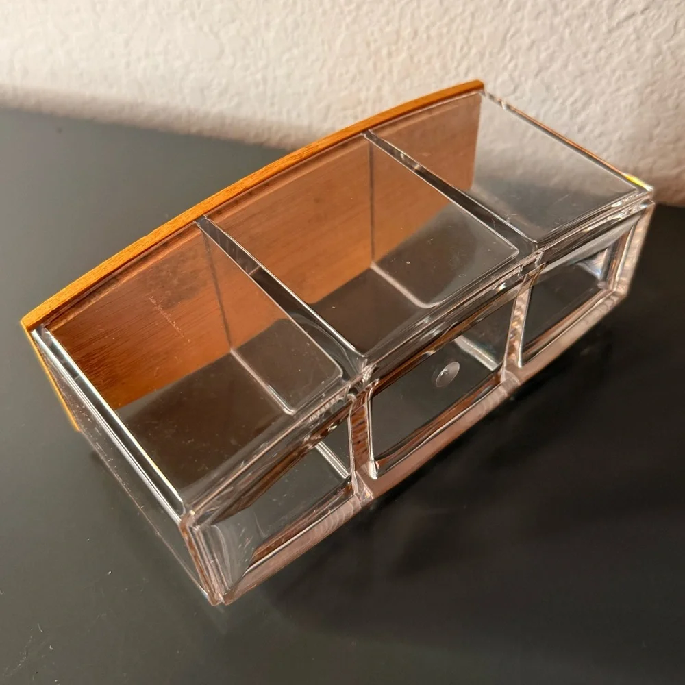 Acrylic make up organizer storage bin/box with bamboo lid 3 compartments new